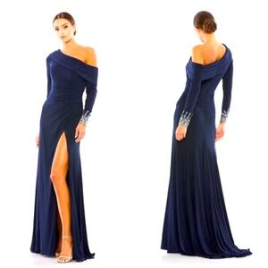 NWOT Mac Duggal Beaded Cuff Drop Shoulder Faux Wrap Gown Size 14